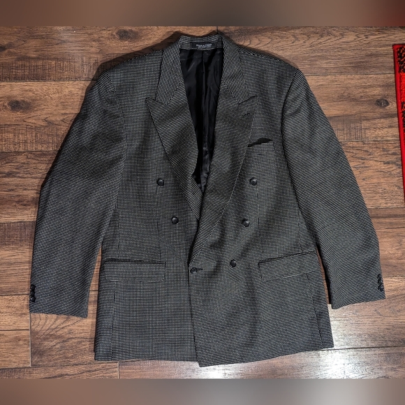 Franco Tassi Black & White Dot Pure Wool Sport Coat Blazer Lined Jacket 46 Tall